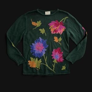 Belle Isle Vintage 90s Forest Green Floral Knit Sweater Ramie Cotton Womens M